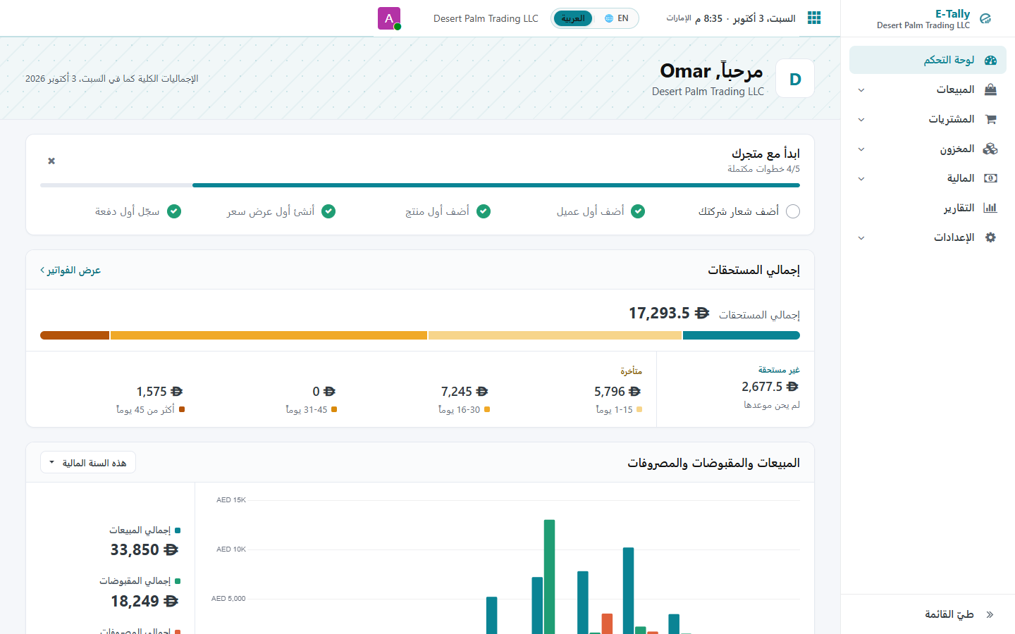 The dashboard in Arabic, laid out right to left
