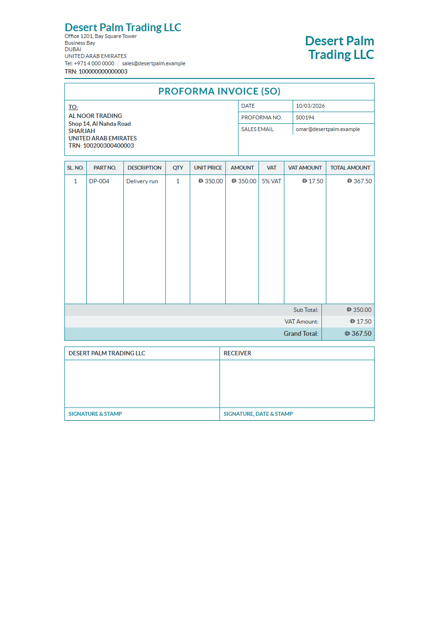 A Proforma Invoice (SO) with VAT shown