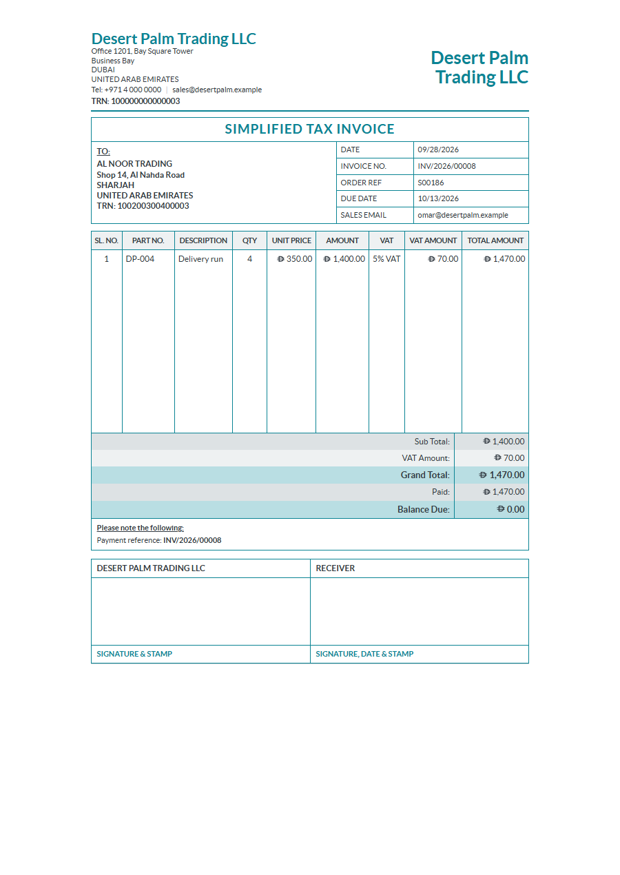 A tax invoice in AED with 5% VAT